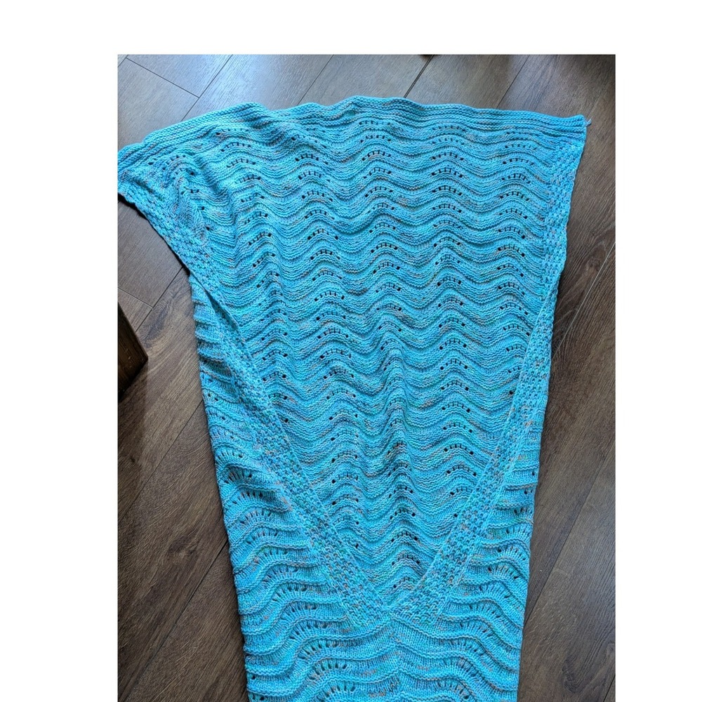 Crochet Mermaid Tail Blanket Turquoise Blue Wavy Knit Cocoon Throw Fin - Picture 2 of 3